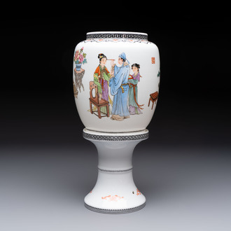 A Chinese famille rose 'Jing Zhao Hua Mei 京兆畫眉' eggshell lantern on stand, dated 1979