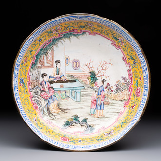 A Chinese Canton enamel 'San Niang Jiao Zi 三娘教子' plate, Shang Xin 賞心 mark, Qianlong