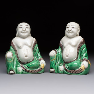 A pair of Chinese verte biscuit Milefo Buddhas, 19th C.
