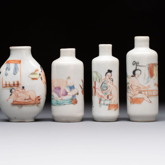 Four Chinese famille rose 'erotic' snuff bottles, Chenghua mark, 19th C.