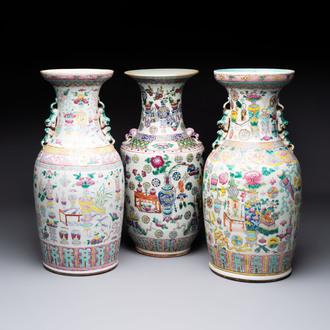 Three Chinese famille rose 'antiquities' vases, 19th C.
