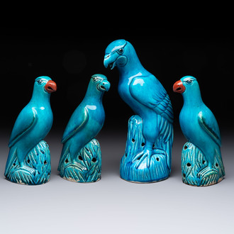 Four Chinese turquoise-glazed parrots, 19th C.