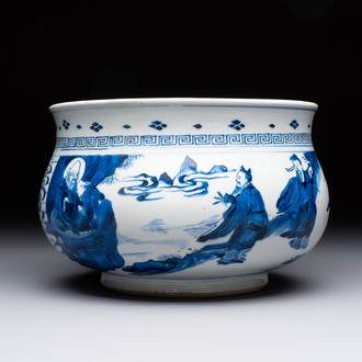 A Chinese blue and white 'Ba Xian Zhu Shou 八仙祝壽' censer, Kangxi