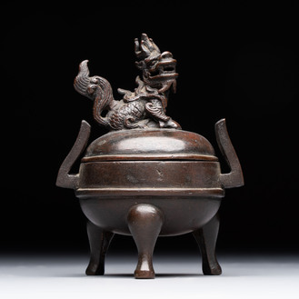 A Chinese archaistic miniature bronze 'qilin' tripod censer and cover, 'ding 鼎', Yuan/Ming