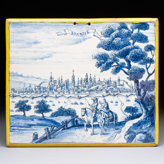 A blue and white Dutch Delft 'View of Brussels' plaque, 19th C.