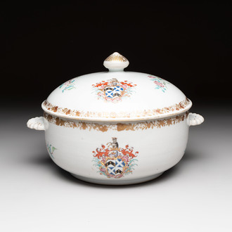 A Chinese famille rose armorial tureen and cover with the arms of Backwell quartering Tyringham for the English market, Qianlong, ca. 1740