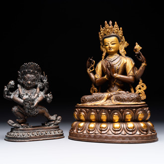A Tibetan or Nepalese turquoise-inlaid partly-gilt bronze figure of White Tara and a figure of Makahala, 20th C.