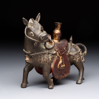A rare Chinese partly gilt-lacquered bronze horse-from incense holder, Yuan/early Ming