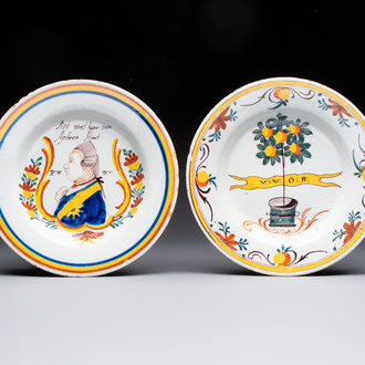 A polychrome Dutch Delft 'royal portrait' plate and an 'orangist' plate, 18th C.