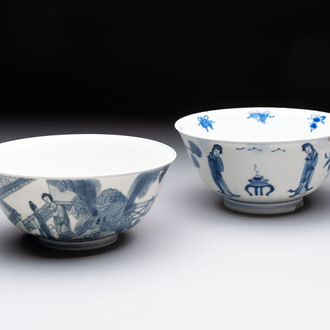 Two Chinese blue and white bowls with figural design, Chenghua and Kangxi marks, Kangxi