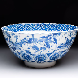 A Chinese blue and white molded bowl with elegant beauties and playing boys, Qi Yu Bao Ding Zhi Zhen 奇玉寶鼎之珍 mark, Kangxi