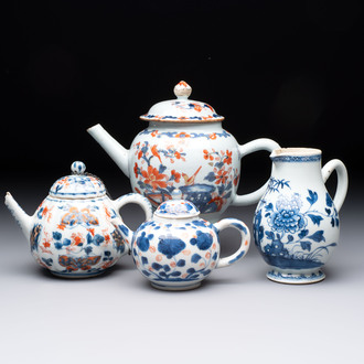 Three Chinese Imari-style covered teapots and a blue and white milk jug, Kangxi/Qianlong