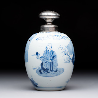 A Chinese blue and white 'Shoulao' tea caddy with silver mount and cover, Chenghua mark, Kangxi
