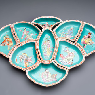 A rare Chinese famille rose turquoise-ground nine-piece 'butterfly' sweetmeat set with immortals, Guangxu mark and of the period