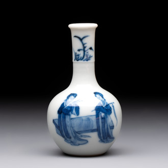 A fine Chinese blue and white miniature bottle vase with two ladies in a garden, jade 玉 mark, Kangxi