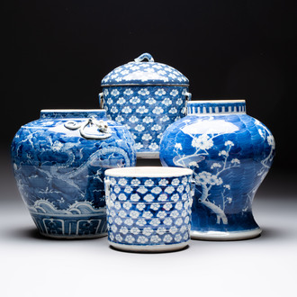 A Chinese Dehua blue and white vase, two containers and a 'prunus on cracked ice' vase, Kangxi mark, 18/19th C.