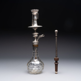 An Ottoman silver-mounted cut-glass hookah with an enamelled silver mouthpiece, 19th C.