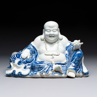 A Chinese blue and white Milefo Buddha, Zeng Long Sheng 曾龍昇 mark, 20th C.