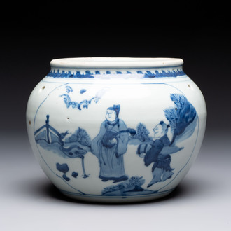 A Chinese blue and white 'Lian Sheng San Ji 連升三級‘ and 'Xie Qin Fang You 攜琴訪友' bowl, Transitional style