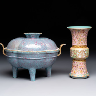 A Chinese famille rose 'gu' vase and a robin's egg-glazed tripod double-walled warming bowl, Qianlong mark, 19/20th C.