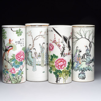 Four Chinese famille rose hat stands with figures and birds among blossoming branches, Republic