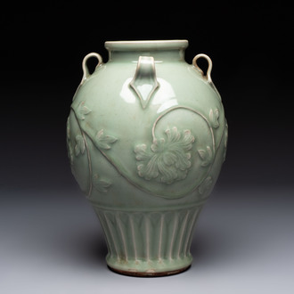 A Chinese Longquan celadon vase with floral design, Ming