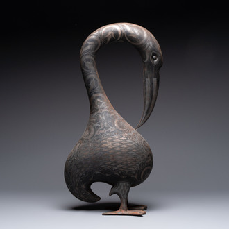 A large Qajar damascened steel bird-form sculpture, Persia, 19th C.