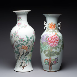 Two Chinese famille rose vases with floral design, signed Zou He Sheng 鄒和勝, Jiangxi Ciye Gongsi 江西瓷業公司 mark, 20th C.
