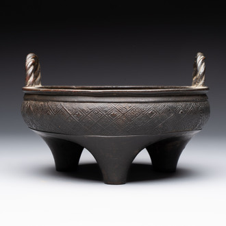 A fine Chinese archaistic bronze tripod censer, Yuan