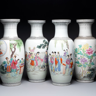 Four Chinese famille rose vases with figures and birds among flowering branches, Qianlong marks, 20th C.