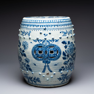 A Chinese blue and white 'birds among flowering branches' garden seat, 19th C.