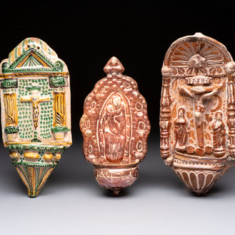 Two Hispano-Moresque lustre-glazed holy water fonts and a polychrome holy water font, Spain, 17/18th C.
