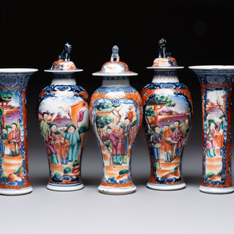 A Chinese famille rose garniture of five 'mandarin subject' vases, Qianlong