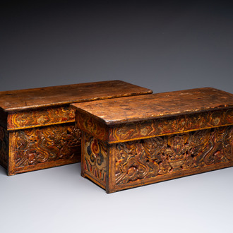 Two Tibetan polychromed wooden folding tables with dragon design, 19/20th C.