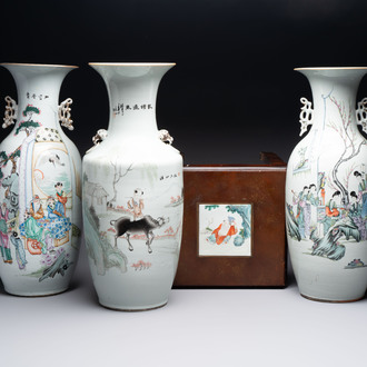 Three Chinese famille rose vases and a plaque-mounted stool, signed Mao Zirong 毛子榮, Yang Qingshan 楊青山 and Liu Jishun 劉吉順, 19/20th C.