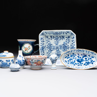 Eight Chinese blue, white, famille verte, and European-decorated wares, Kangxi/Qianlong