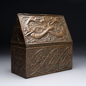 A repoussé copper and cabochon-mounted casket, attributed to Alfred Daguet, France, ca. 1900