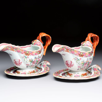 A pair of Chinese famille rose sauceboats and stands with floral design, Qianlong