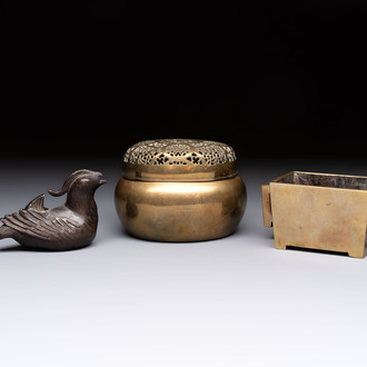 A Chinese mandarin duck-form water dropper, a hand warmer and a bronze censer, Zhen Wan 珍玩 and Zhang Mingqi Zhi 張鳴歧製 mark, 19th C.