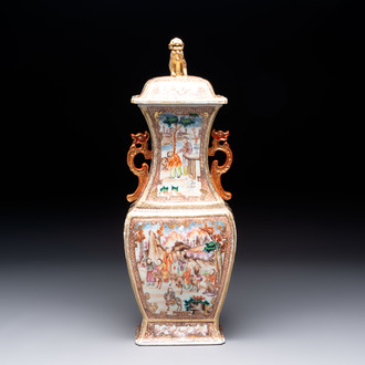 A Chinese Canton gilt-decorated famille rose covered vase with mandarin design, Qianlong