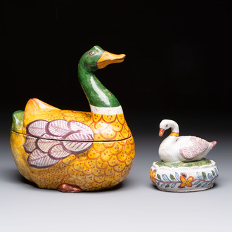 A polychrome Dutch Delft model of a duck and a swan, 19th C.