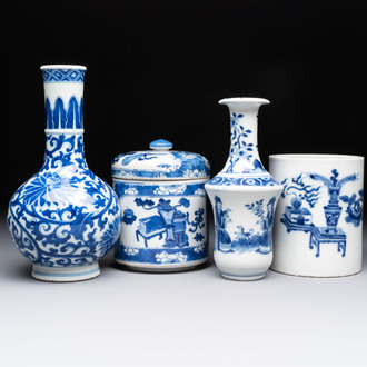 Two Chinese blue and white vases, a covered jar and a brush pot, Kangxi and later