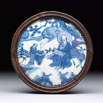 A fine and rare Chinese blue and white 'Shoulao' plaque with wooden mount, Wanli