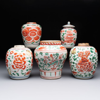 Five Chinese wucai 'Buddhist lion' and 'peony scroll' jars, Transitional period