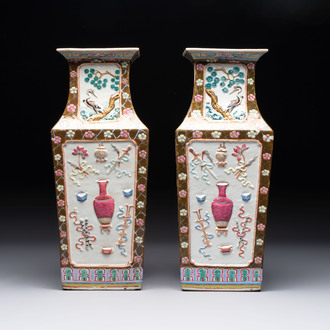 A pair of Chinese famille rose relief-moulded rectangular 'antiquities' vases, 19th C.