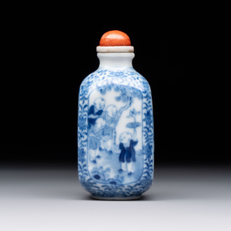 A Chinese blue and white 'playing boys' snuff bottle, Yongzheng mark, 18/19th C.