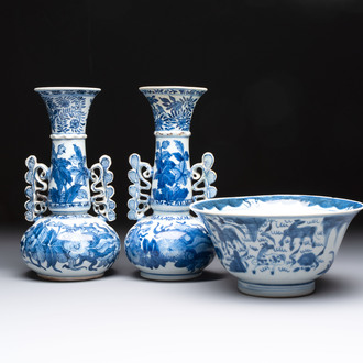 Two Chinese blue and white vases after Venetian glass models and a 'horses' bowl, Kangxi
