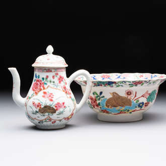 A Chinese famille rose teapot and a 'quails' bowl, Yongzheng