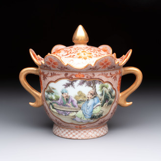 A Chinese famille rose two-handled bowl and cover, Qianlong mark, Republic