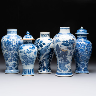 Five Chinese blue and white vases, Kangxi/Qianlong